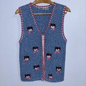 Vintage Capacity Teddy Bear‎ Sweater Vest Large Blue Knit Red Gingham Bow Ramie
